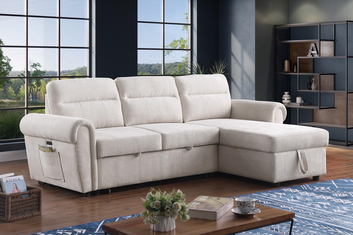 Lilola Home Hugo 97' W Beige Chenille Reversible Sleeper Sectional Sofa with Storage Chaise, USB Chargers, Phone/Magazine Pockets