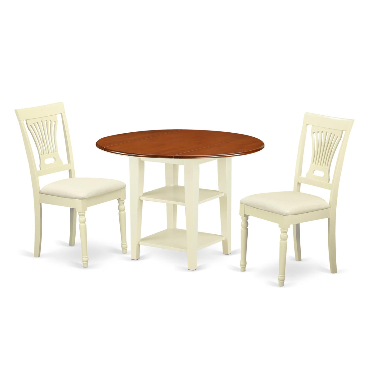 East West Furniture SUPL3-BMK-C 3 Piece Dining Table Set Contains a Round Dining Room Table with Dropleaf & Shelves and 2 Linen Fabric Upholstered Chairs, 42x42 Inch, Buttermilk & Cherry