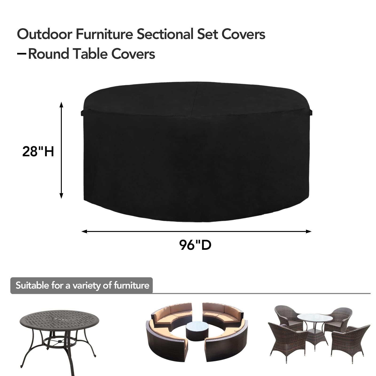Easy-Going 600D Heavy Duty Round Patio Furniture Cover, Outdoor Table And Chair Set Cover, Waterproof Outdoor Sectional Furniture Set Cover (96' Diax 28' H, Black)