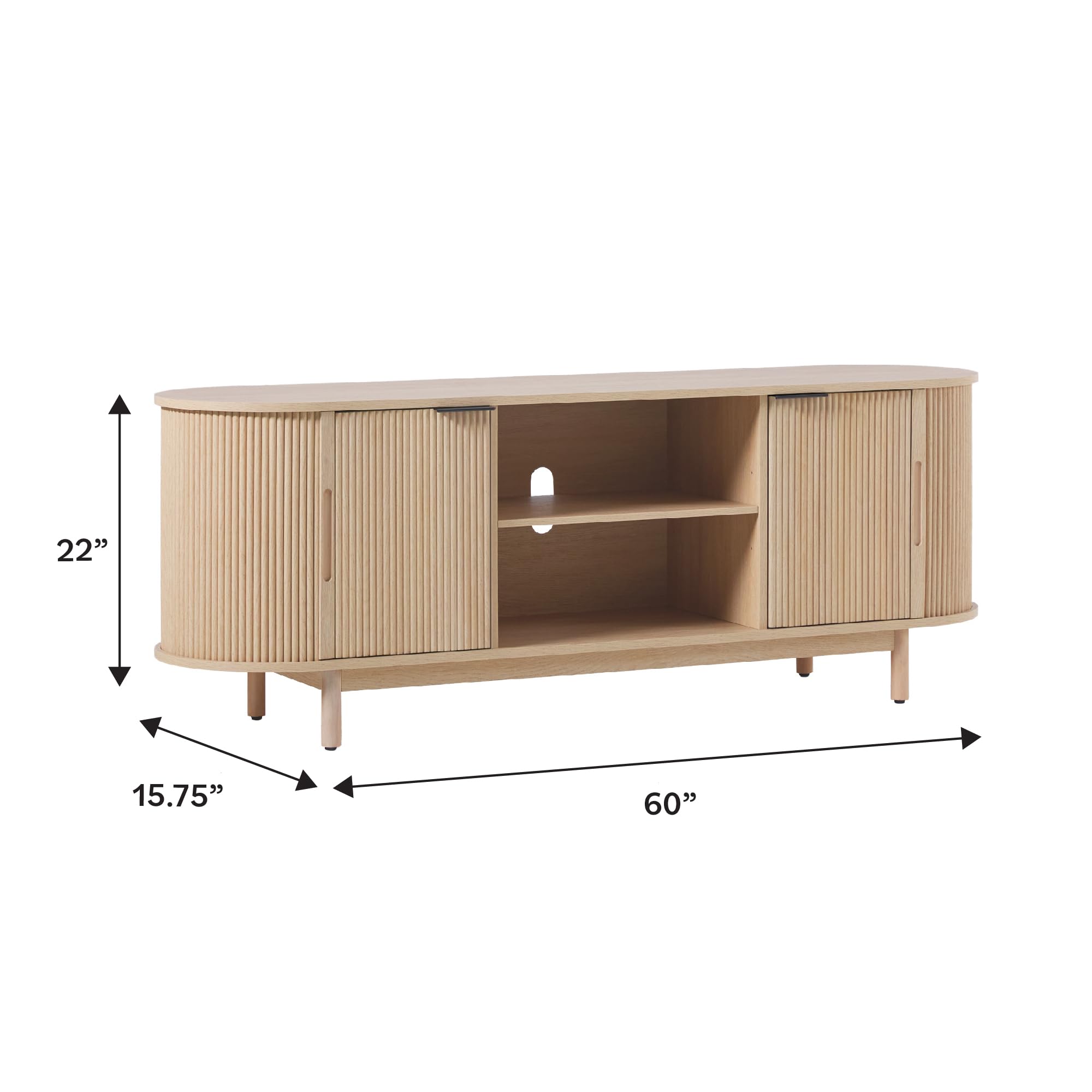 Walker Edison Modern Curved Reeded Tv Stand For Tvs Up To 65 Inches, Credenza With Sliding Doors And Adjustable Shelves, Tv Stand With Cord Management Cutout, 60 Inch, Coastal Oak