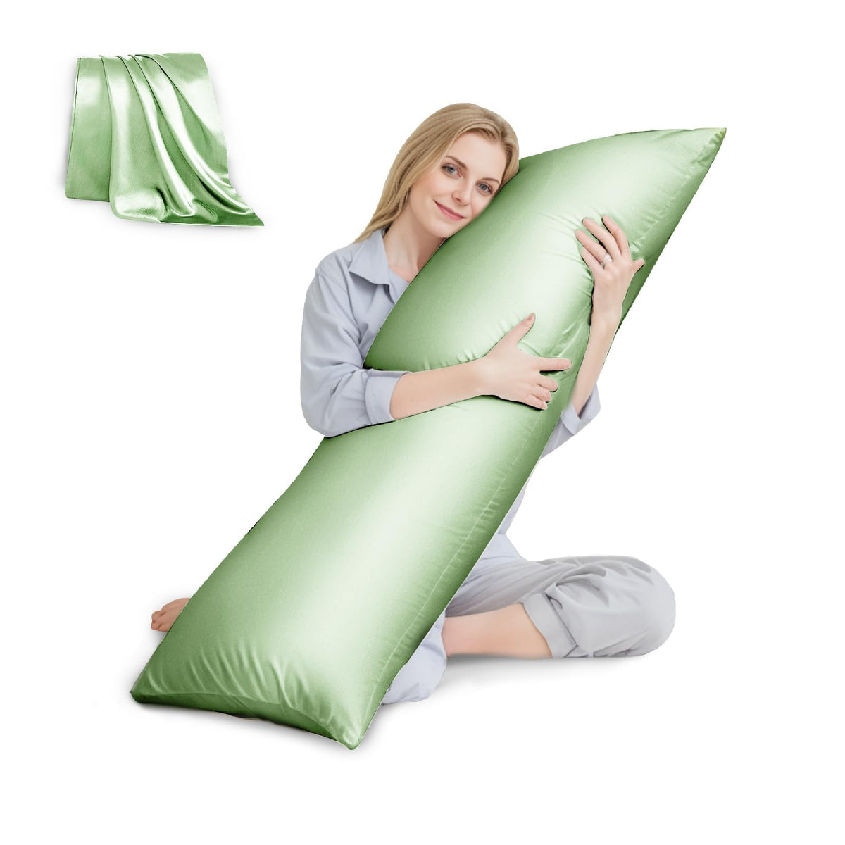 Huxmeyson Body Pillow With Satin Pillowcase, Cooling Body Pillows For Adults, Long Pillow For Bed With Removable Cover,Green (20