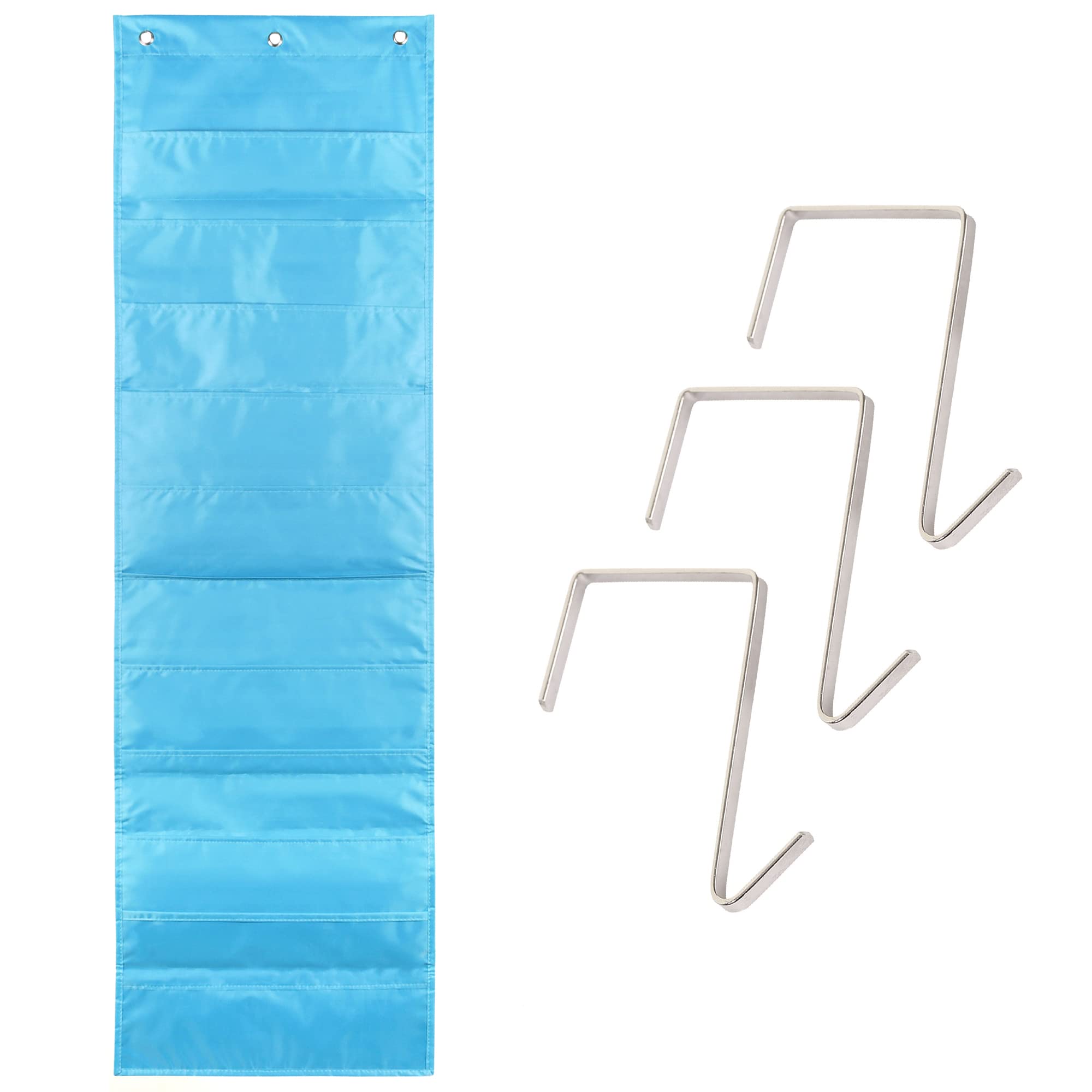 Clear Blue Pocket Chart For Classroom - 10 Pocket Storage Rainbow Pocket Charts, 3 Over Door Hangers Included, Hanging Wall File