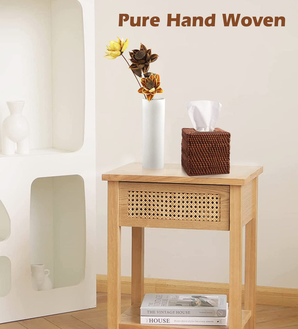 Livelab Natural Rattan Tissue Box Cover, Square Hand Woven Tissue Box Holder Tissue Box Case Organizer 5.5''X5.5''X5.7'' Honey B