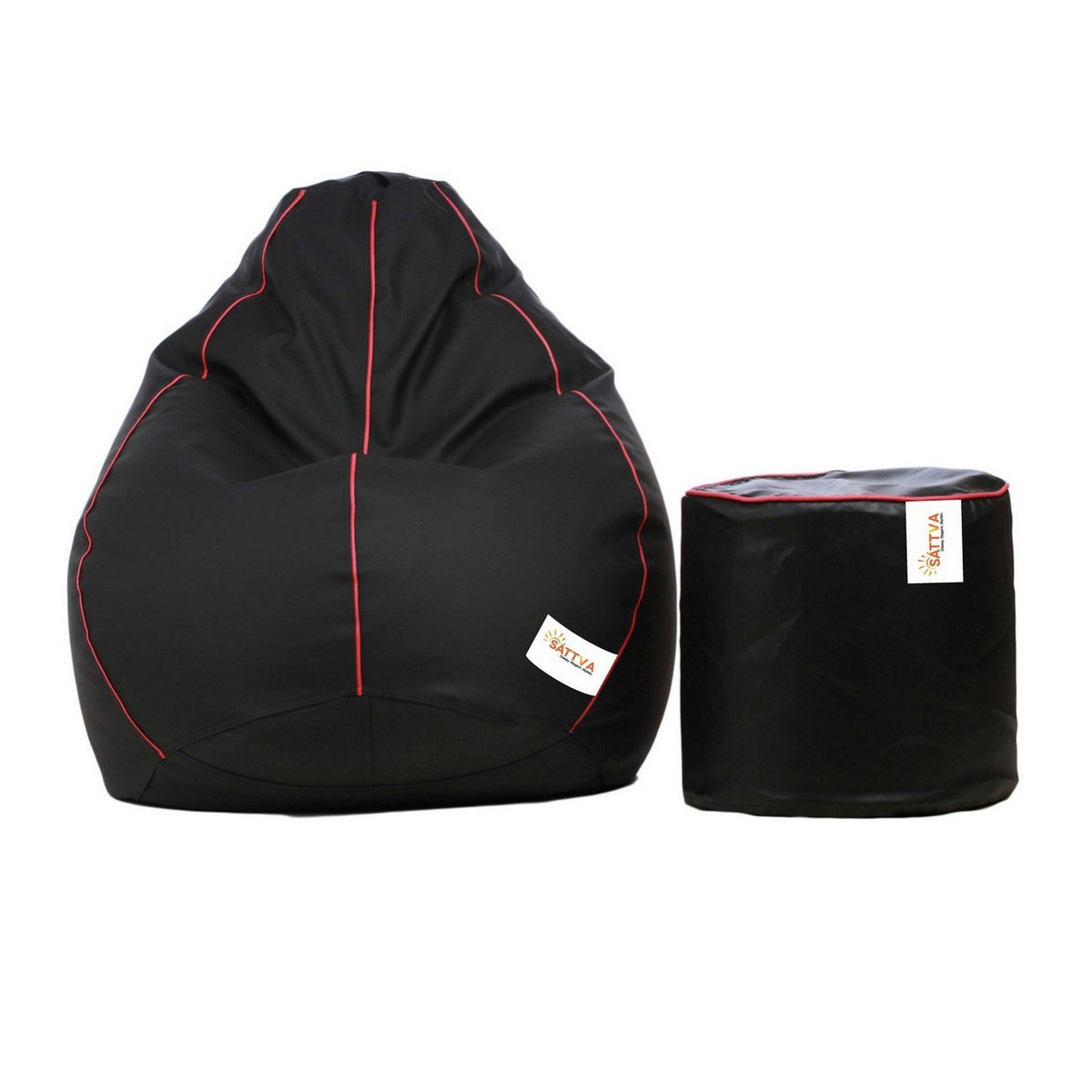 Sattva Combo Classic XL Bean Bag Cover and Round Footstool Cover (Without Beans)  Black with Pink Piping
