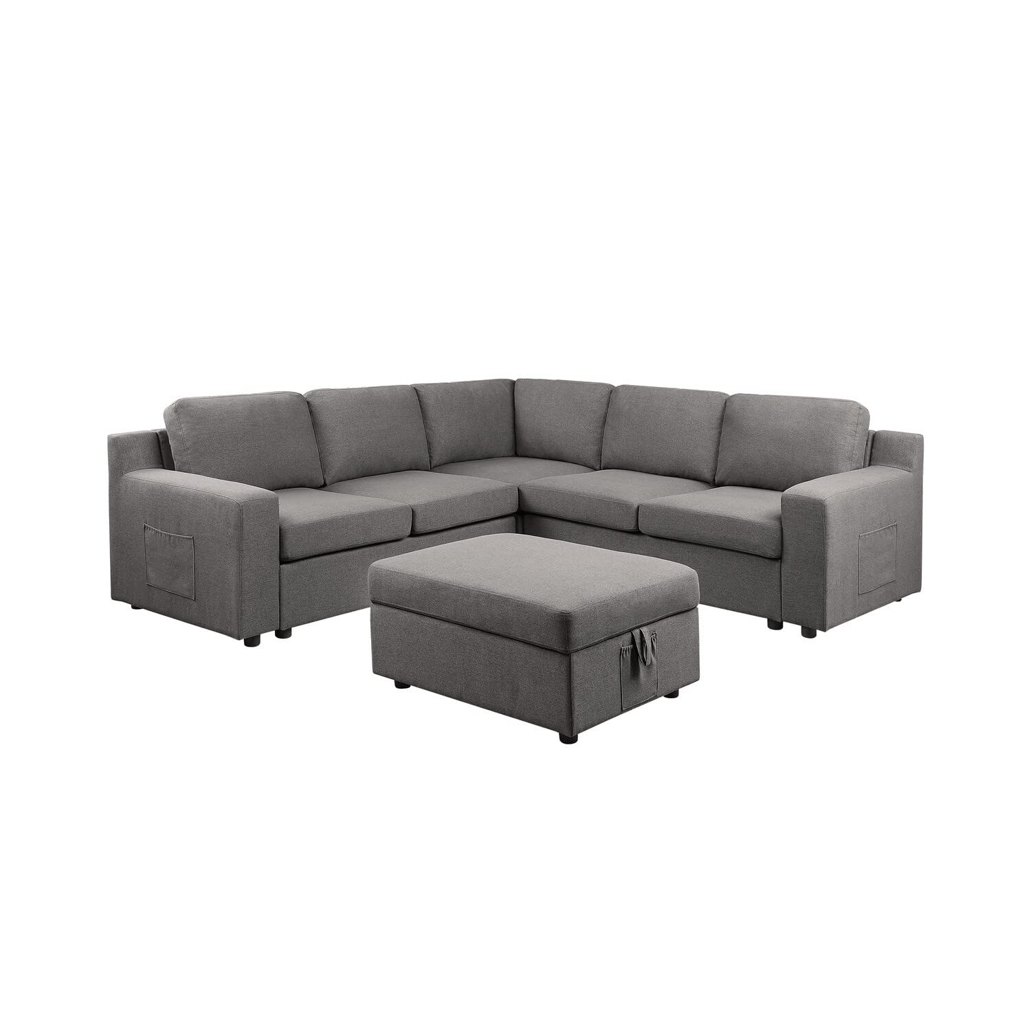 Lilola Home Waylon Gray Linen 6-Seater L-Shape Sectional Sofa With Storage Ottoman And Pockets