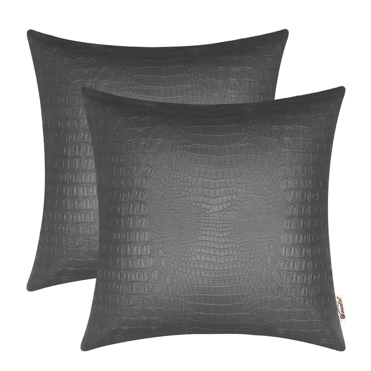 Brawarm Faux Leather Pillow Covers 18 X 18 Inches, Charcoal Gray Leather Pillow Covers Pack Of 2, Crocodile Leather Decorative T