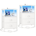 Furologee Nightstands Set of 2, End Tables Set of 2 with Charging Station and LED Lights, White Night Stands with 2 Fabric Drawe