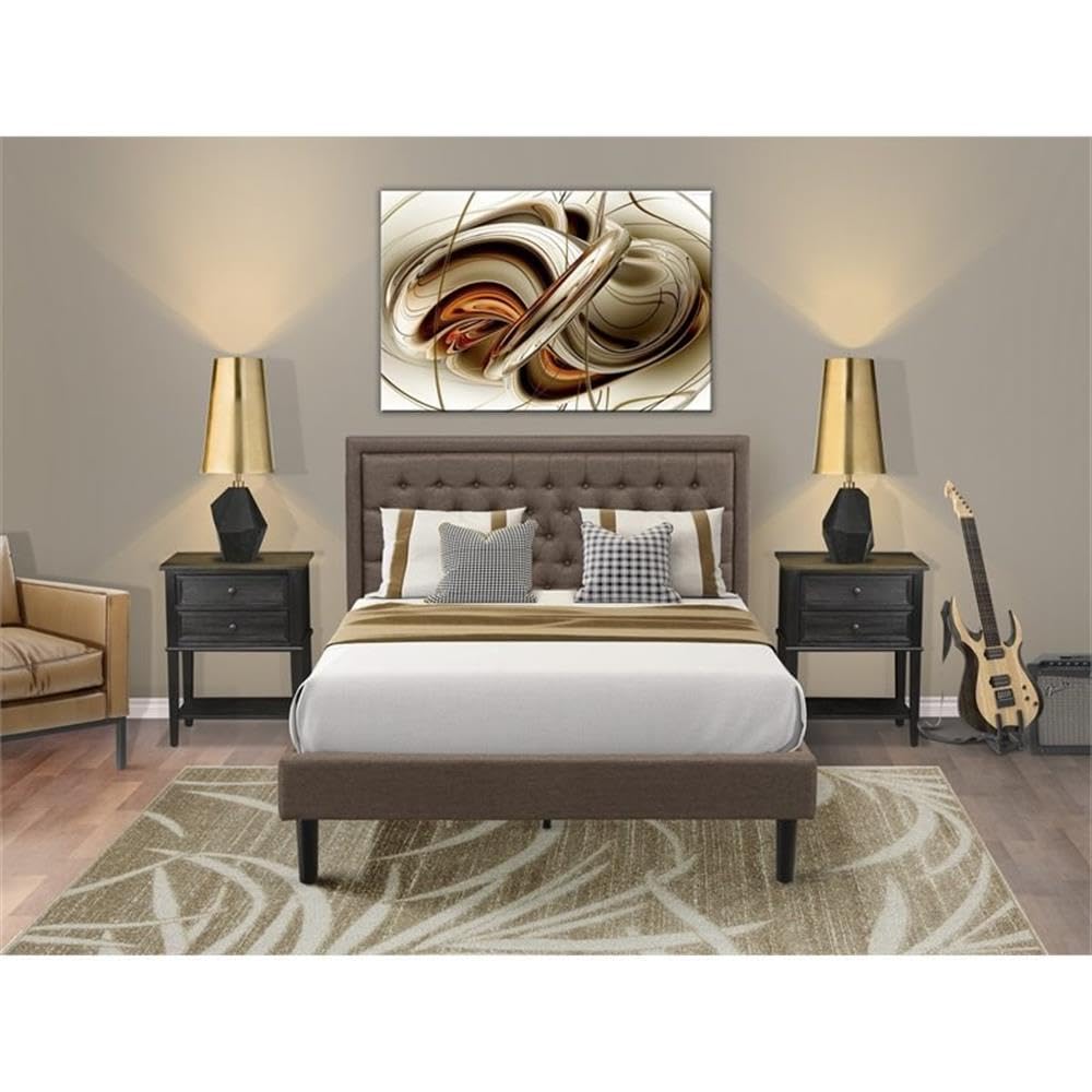 East West Furniture KD18Q-2VL06 3 Piece Bed Set Queen - 1 Queen Size Bed Brown Linen Fabric Padded and Button Tufted Headboard with 2 Mid Century Nightstand - Wire Brushed Black Finish Nightstand