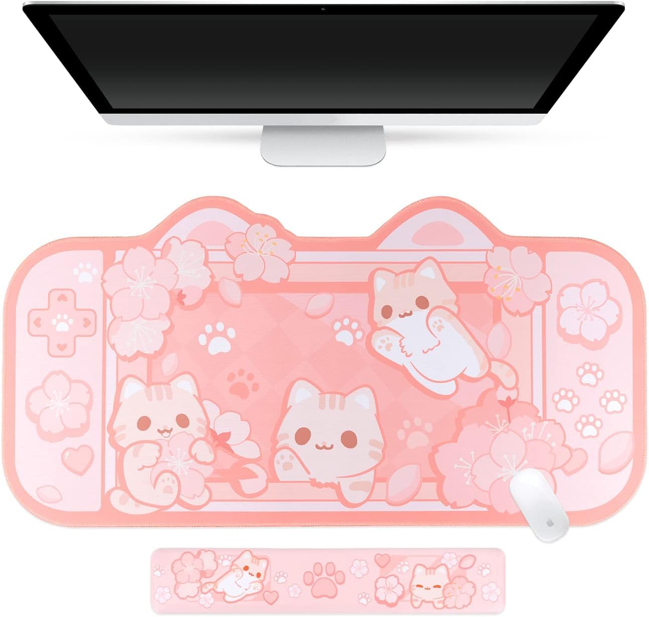Belugadesign Sakura Cat Desk Pad | Ns Switch Keyboard Laptop Gaming Setup Accessories Mat Large Mat Mousepad | Pastel Pink Bunny