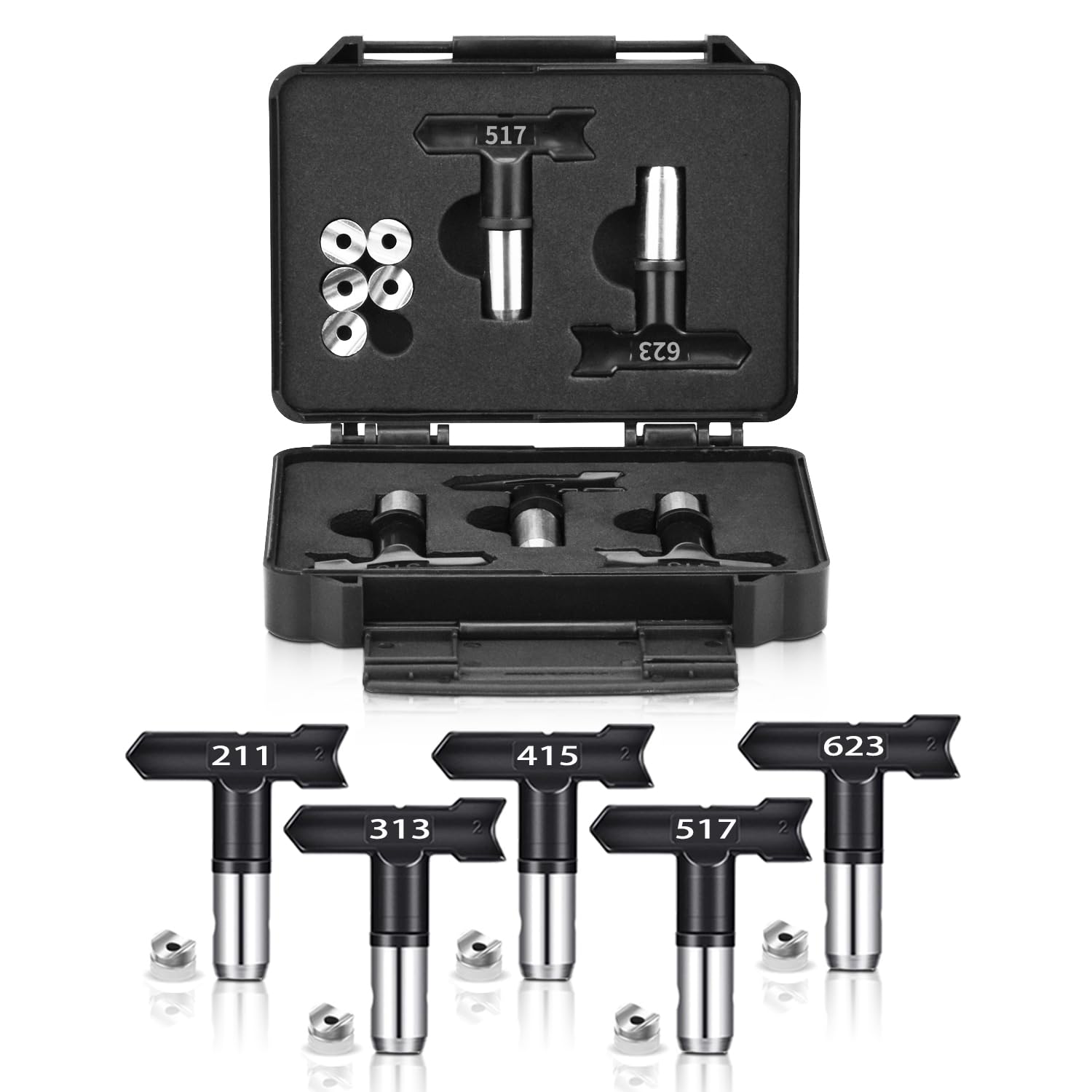 5Pcs Reversible Spray Nozzle Tips - Airless Spray Gun Nozzles And Mini Storage Box (211,313,415,517,623)