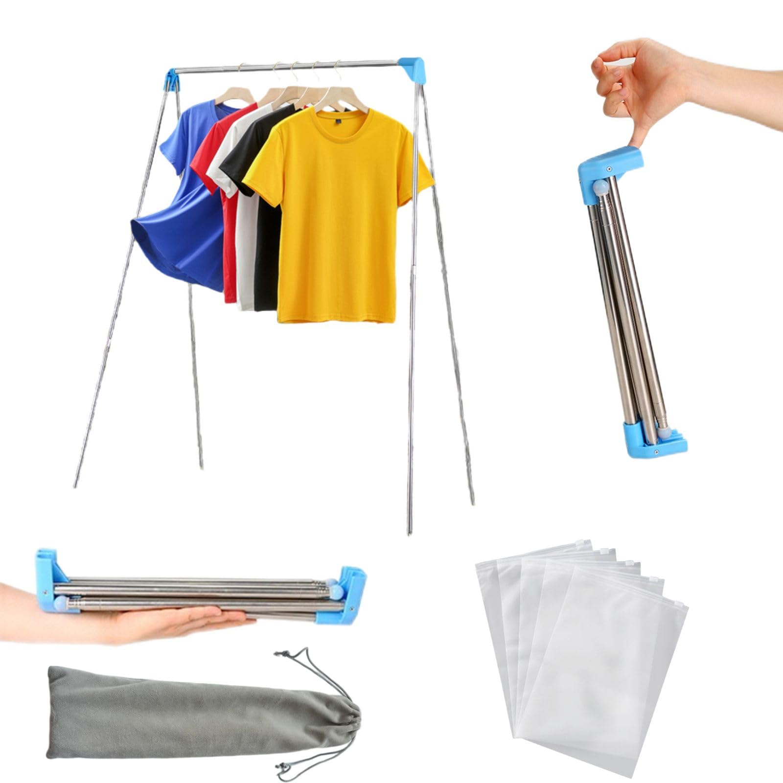 Portable Travel Garment Rack, Compact Stainless Steel Foldable Mini Drying Clothes Rack for Travel, Camping, Hotel Room, Laundry