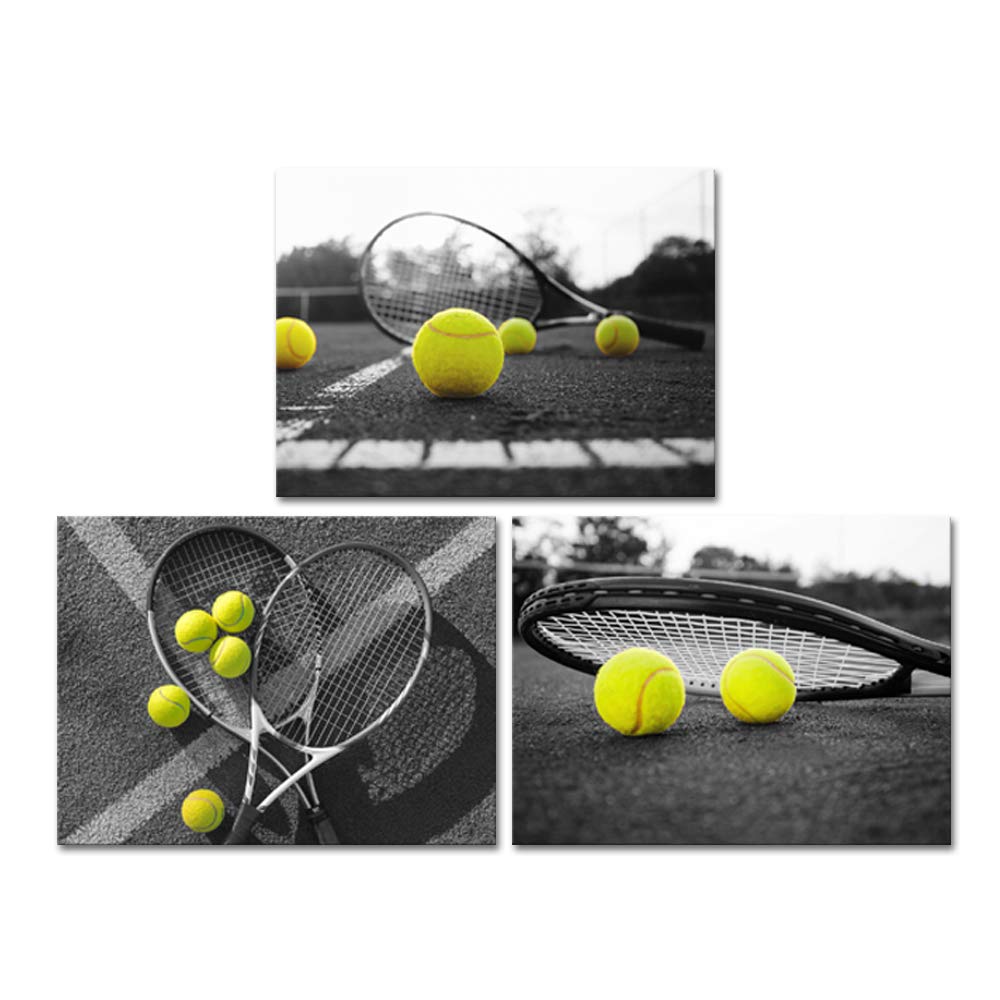 Derkymo 3 Pieces Tennis Pictures Artwork Black and White Canvas Wall Art Sport Theme Prints Framed for Tennis Club GYM Wall Deco