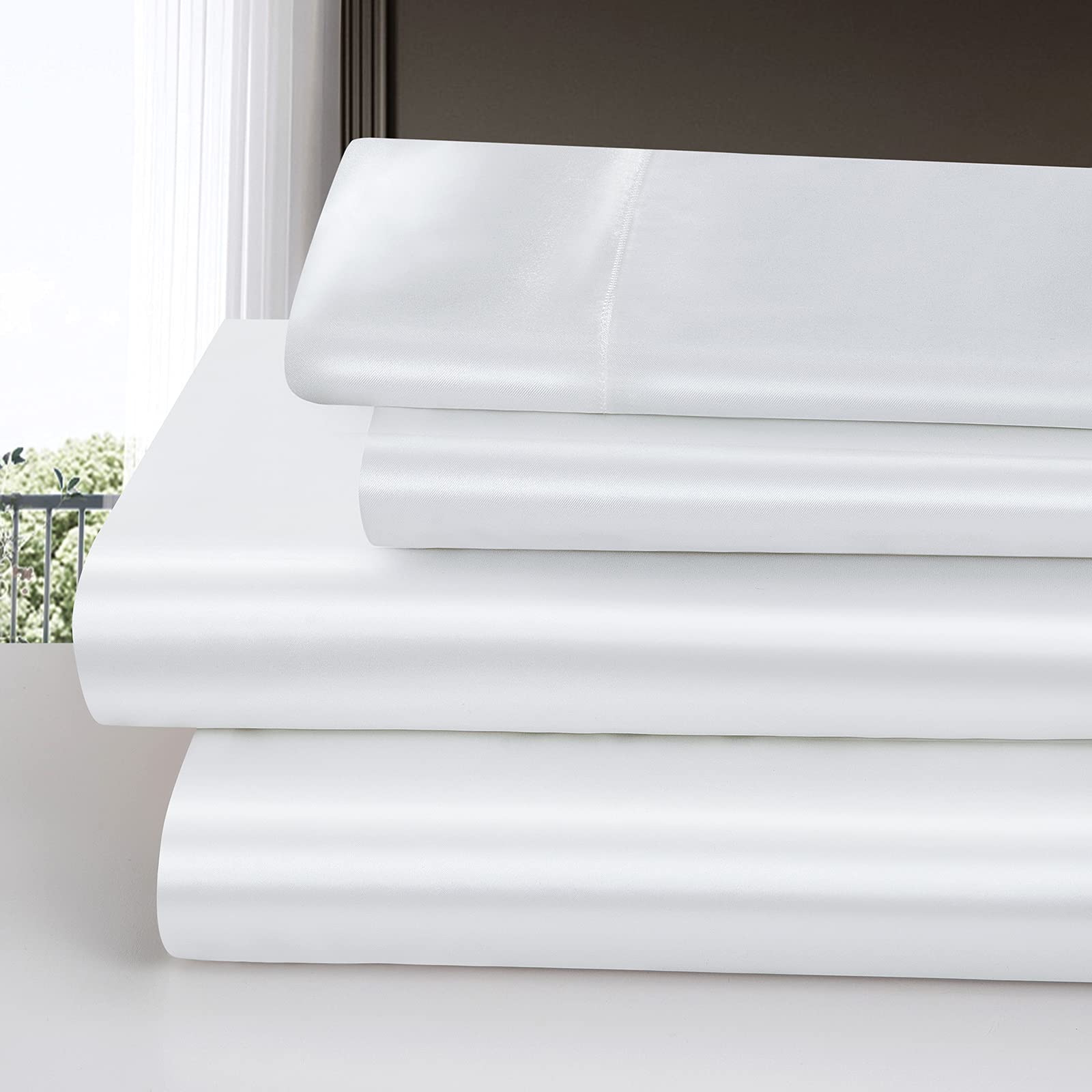 Homiest 3Pcs Satin Sheets Set Luxury Silky Satin Bedding Set With Deep Pocket, 1 Fitted Sheet + 1 Flat Sheet + 1 Pillowcase (Twin Size, White)