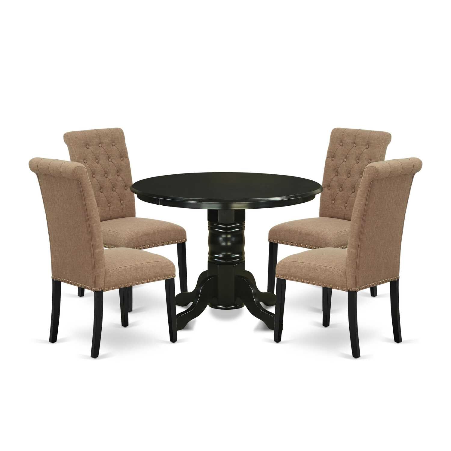 East West Furniture Shbr5-Blk-17 5 Piece Dining Room Furniture Set Includes A Round Kitchen Table With Pedestal And 4 Light Sable Linen Fabric Parson Dining Chairs, 42X42 Inch, Black