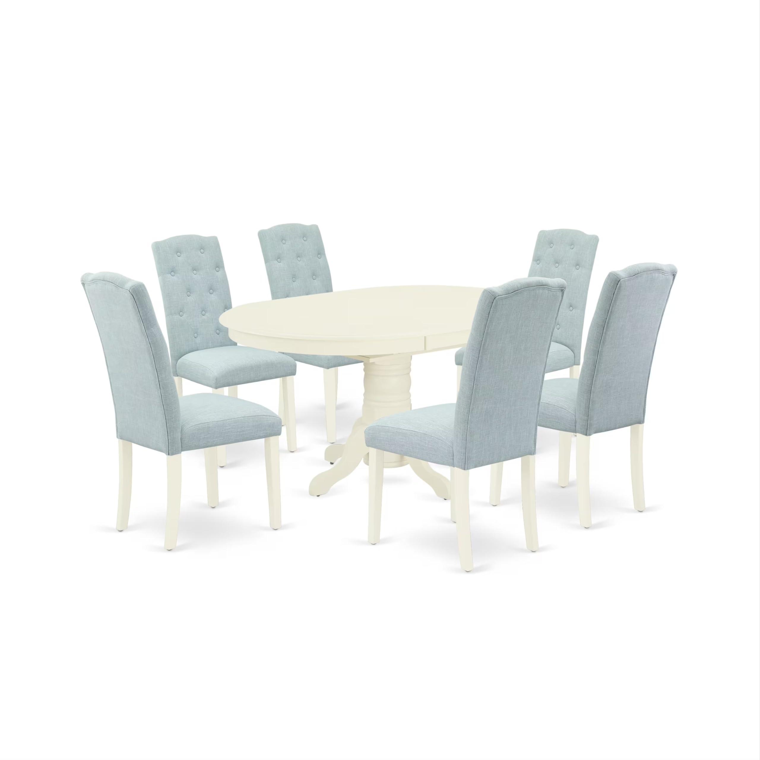 East West Furniture Avce7-Lwh-15 7 Piece Dinette Set Consist Of An Oval Dining Room Table With Butterfly Leaf And 6 Baby Blue Linen Fabric Upholstered Chairs, 42X60 Inch, Linen White