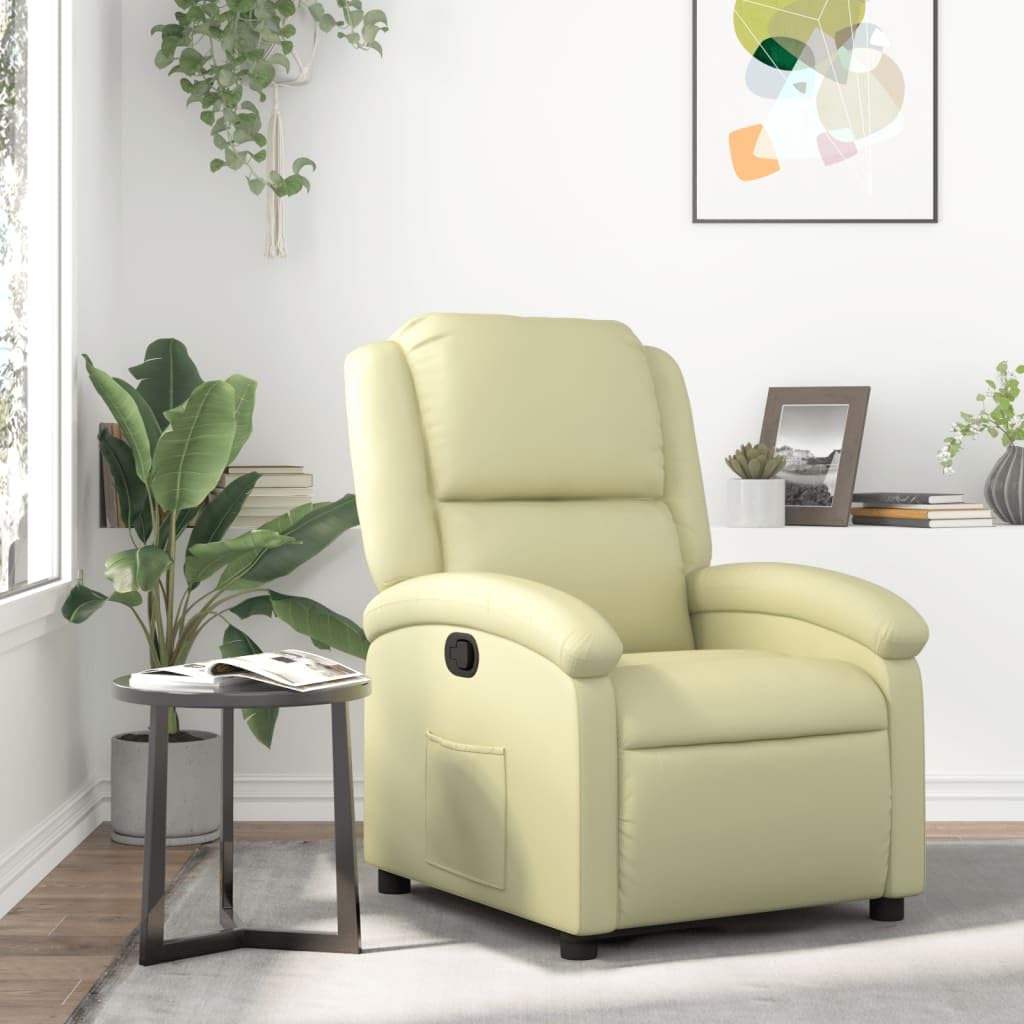 vidaXL Manual Recliner Chair for Living Room, Adjustable Recliner with Padded Seat & Backrest, Home Theater Seating with Side Pocket, Cream Real Leather