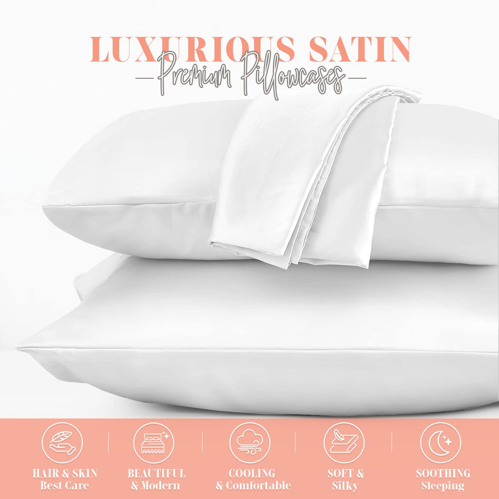 Elegant Comfort Silky And Luxurious 2-Piece Satin Pillowcase Set For Healthier Skin And Hair, Hidden Zipper Closure And Beautifully Packaged, Satin Pillowcase Set, King, White