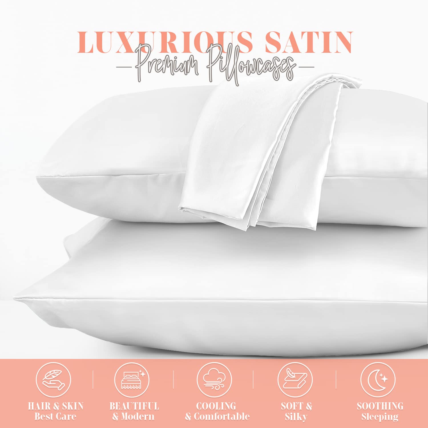 Elegant Comfort Silky And Luxurious 2-Piece Satin Pillowcase Set For Healthier Skin And Hair, Hidden Zipper Closure And Beautifully Packaged, Satin Pillowcase Set, King, White