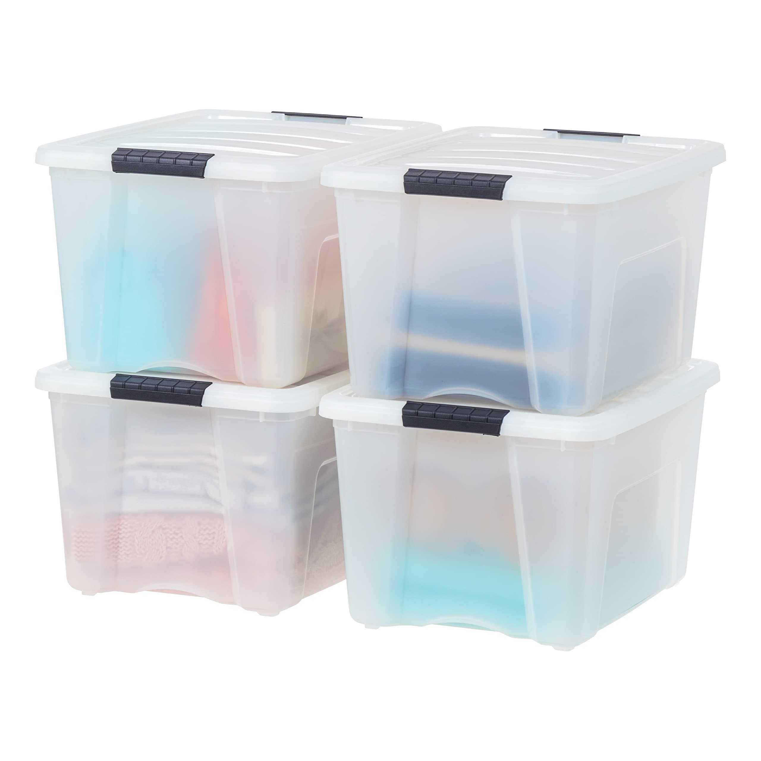 IRIS USA 40 Qt Stackable Plastic Storage Bins with Lids, 4 Pack - BPA-Free, Made in USA - Discreet Organizing Solution, Latches,