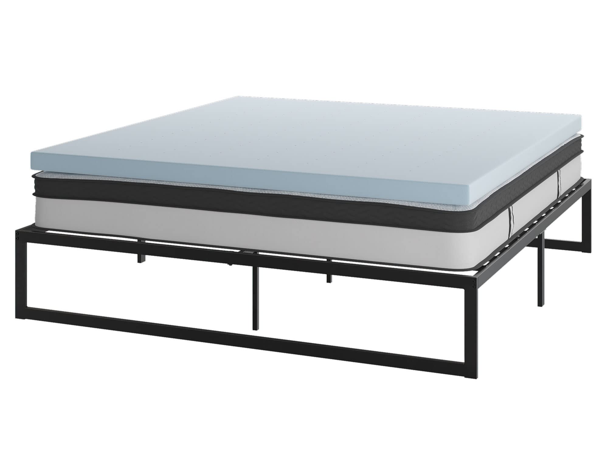 Flash Furniture 14 Inch Metal Platform Bed Frame With 10 Inch Pocket Spring Mattress In A Box And 2 Inch Cool Gel Memory Foam Topper - King