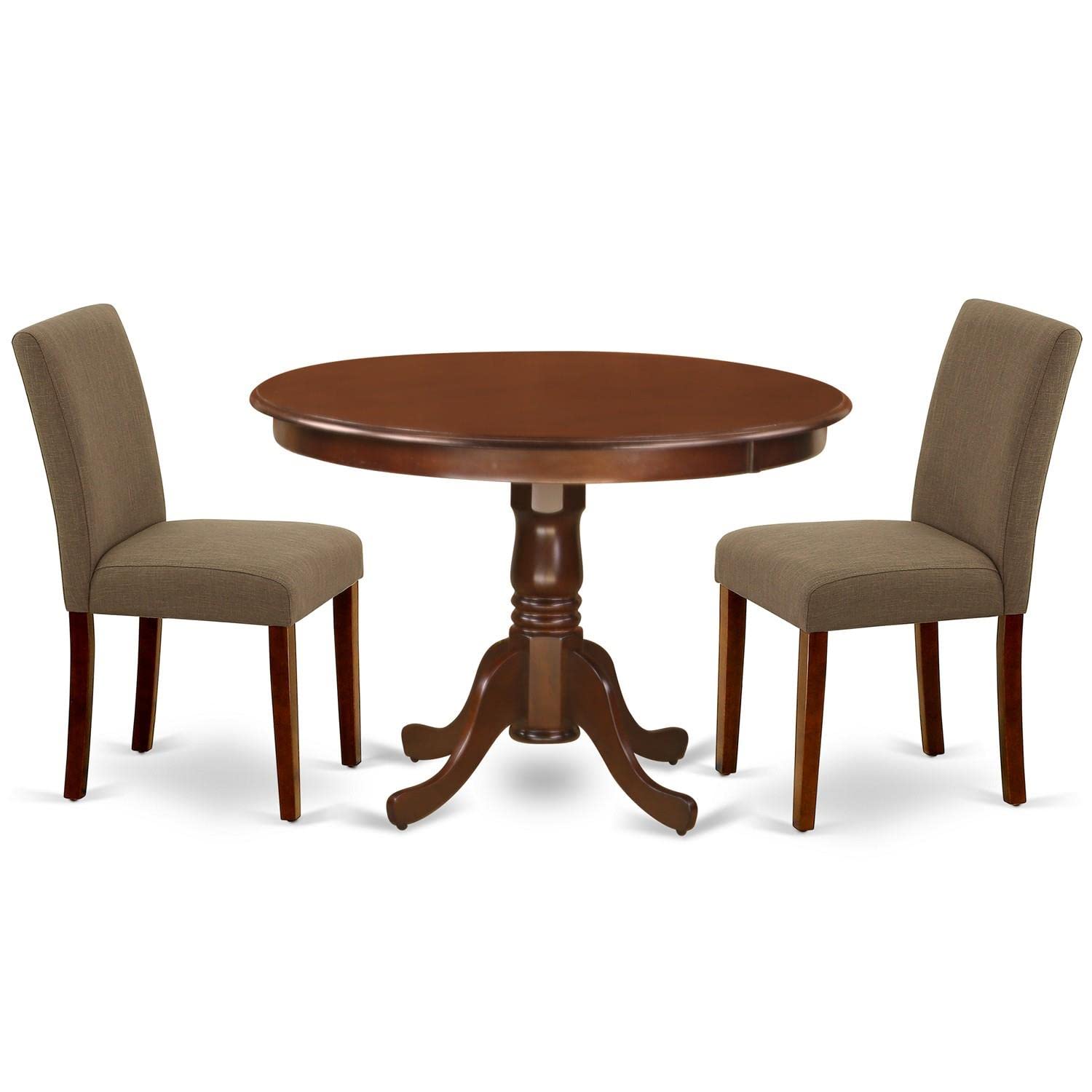 East West Furniture Hlab3-Mah-18 3 Piece Kitchen Table & Chairs Set Contains A Round Dining Table With Pedestal And 2 Coffee Linen Fabric Parson Dining Chairs, 42X42 Inch, Mahogany