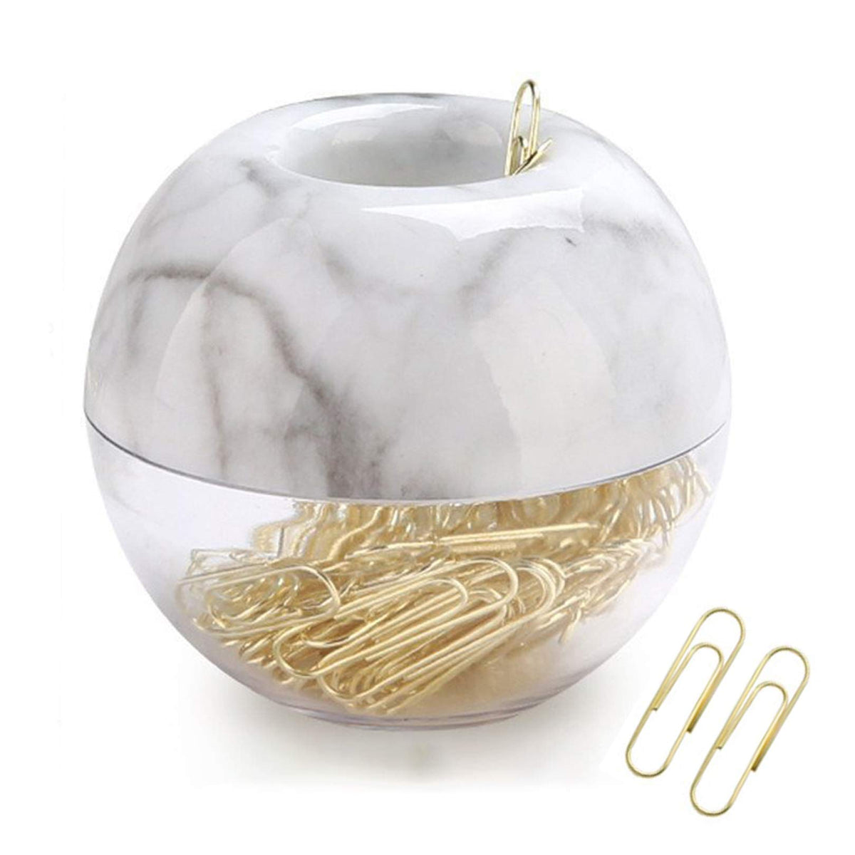 Magnetic Paper Clip Holder, Marble White Holder With Gold Paper Clips 100Pcs 28Mm(1.1') Cute Office Supplies For Desk Organizer
