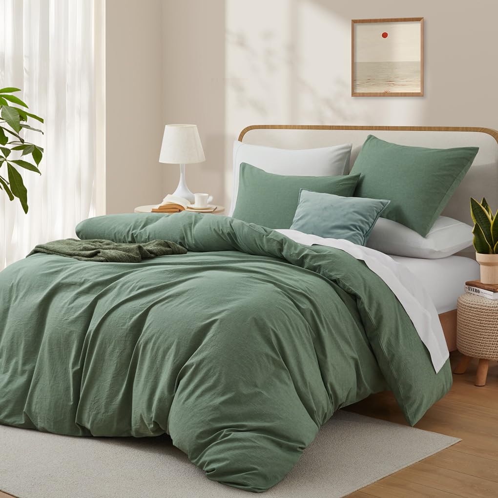 Lovque Duvet Cover Full Size, 100% Washed Cotton Linen Like Bedding Set With Zipper Closure (No Comforter), 80X90 Inches, Mint G