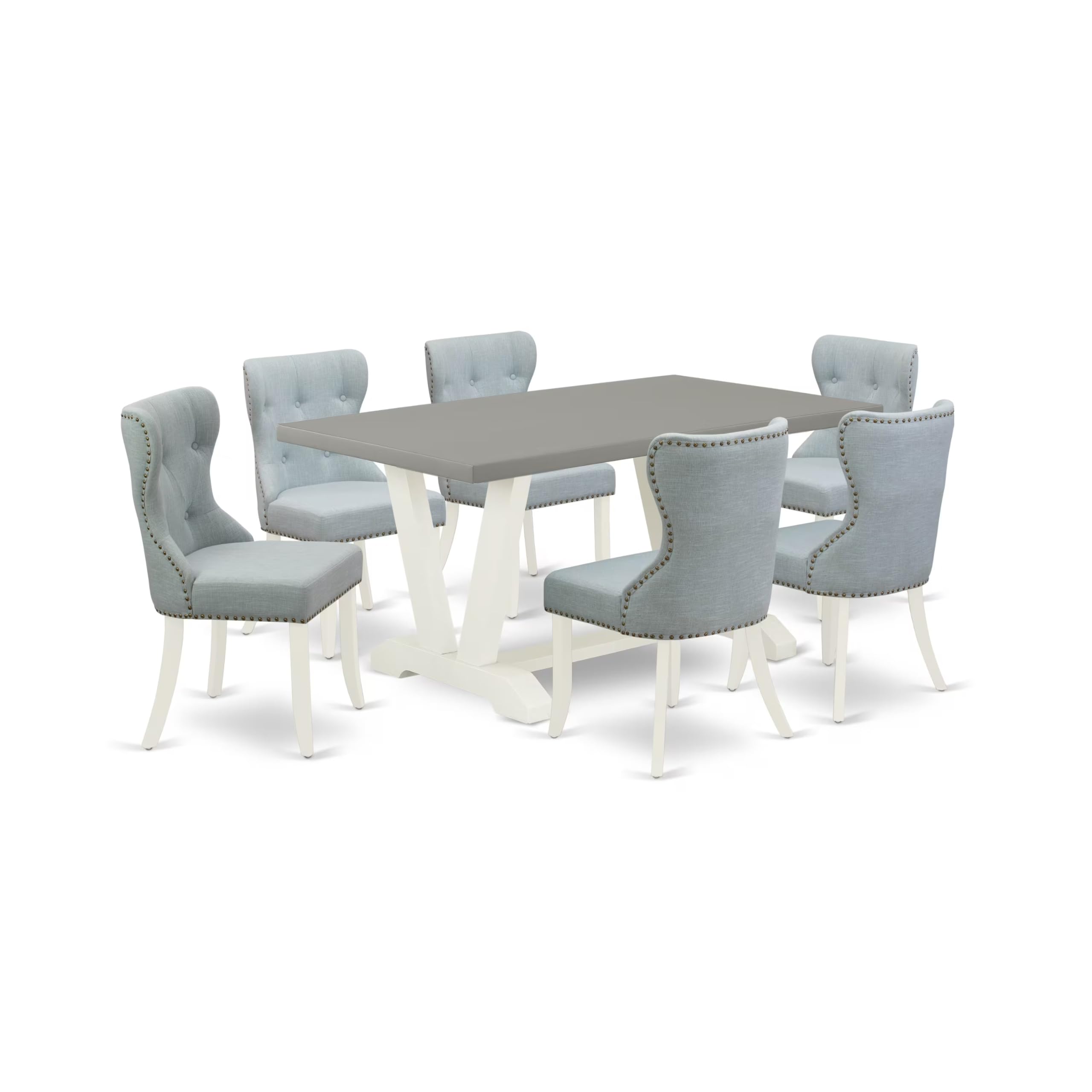 East West Furniture V096Si215-7 7 Piece Dining Table Set Consist Of A Rectangle Dining Room Table With V-Legs And 6 Baby Blue Linen Fabric Upholstered Chairs, 36X60 Inch, Multi-Color