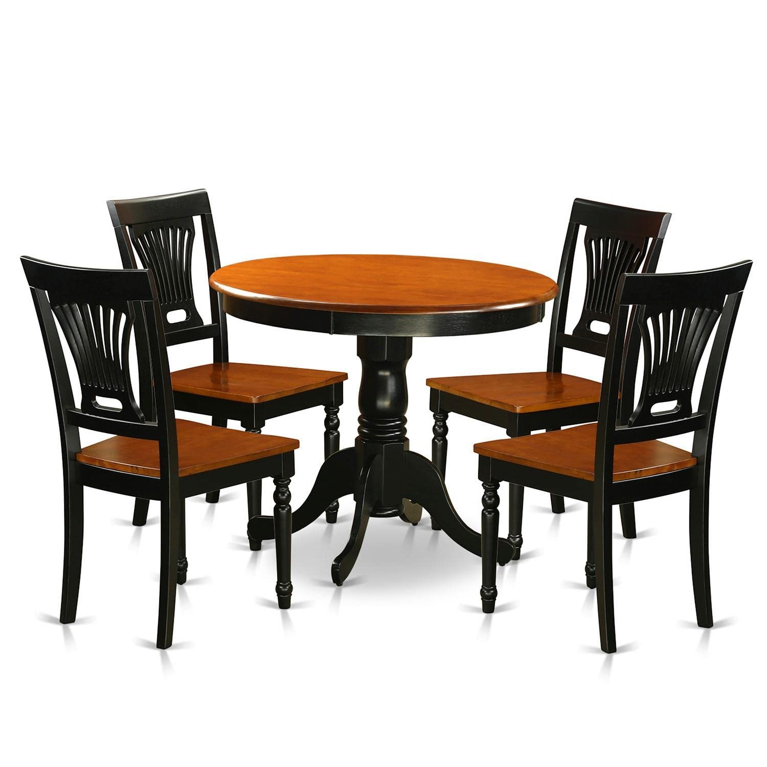 East West Furniture ANPL5-BLK-W 5 Piece Kitchen Table & Chairs Set Includes a Round Dining Room Table with Pedestal and 4 Solid Wood Seat Chairs, 36x36 Inch, Black & Cherry