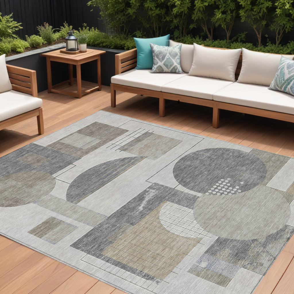 10' X 14' Beige Gray And Silver Geometric Washable Indoor Outdoor Area Rug