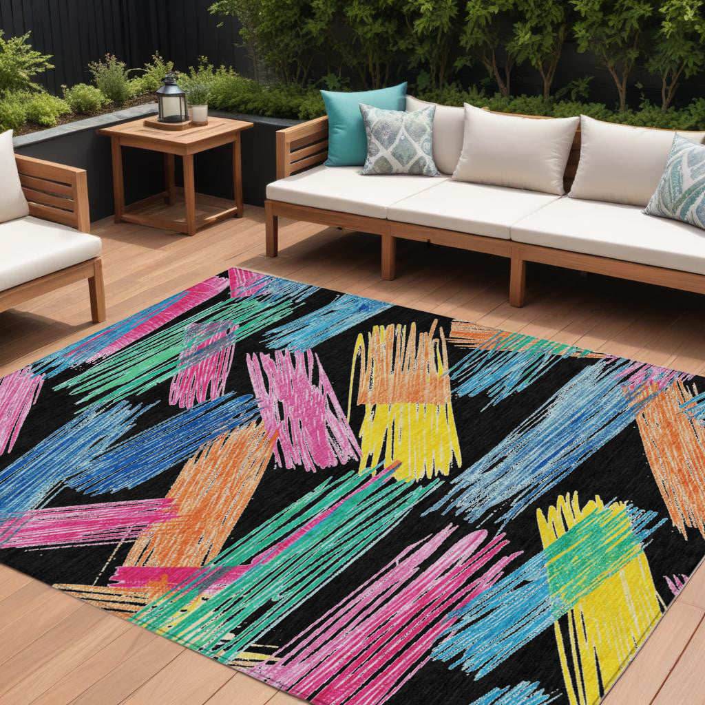 10' X 14' Black Pink Yellow Orange And Blue Striped Washable Indoor Outdoor Area Rug