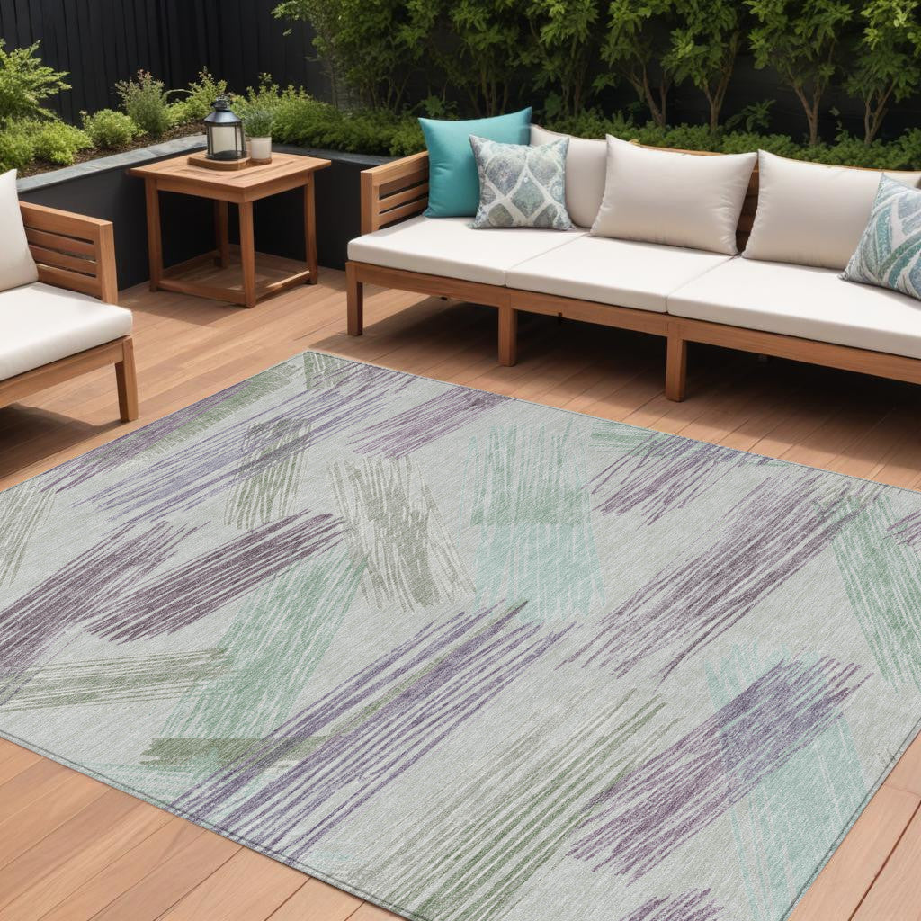 9' X 12' Sage Lavender And Mint Green Striped Washable Indoor Outdoor Area Rug