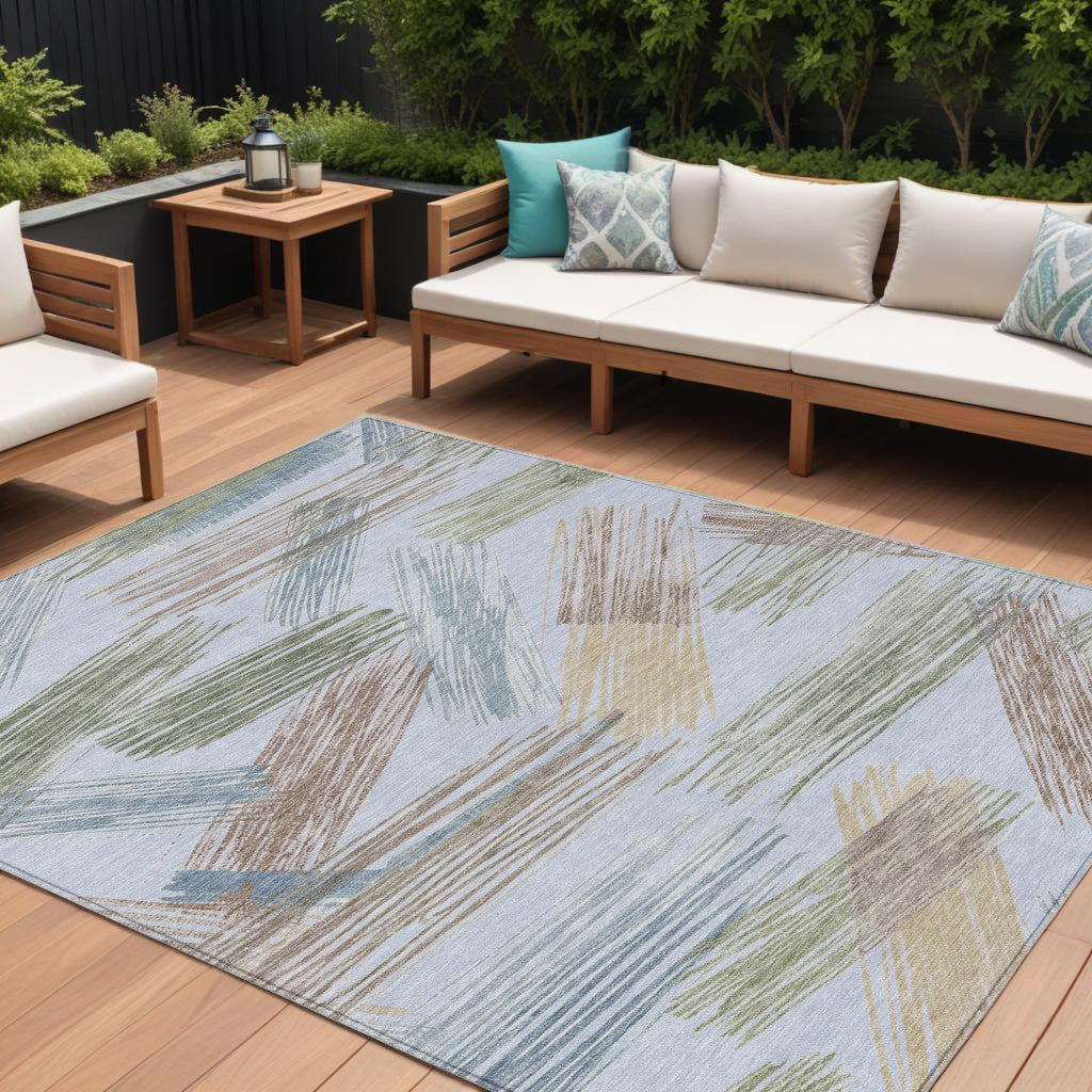 9' X 12' Sky Blue Taupe And Olive Green Striped Washable Indoor Outdoor Area Rug