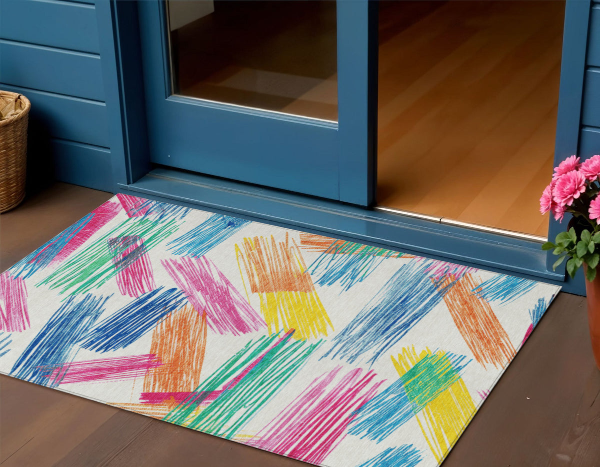3' X 5' White Blue Yellow Orange And Pink Striped Washable Indoor Outdoor Area Rug