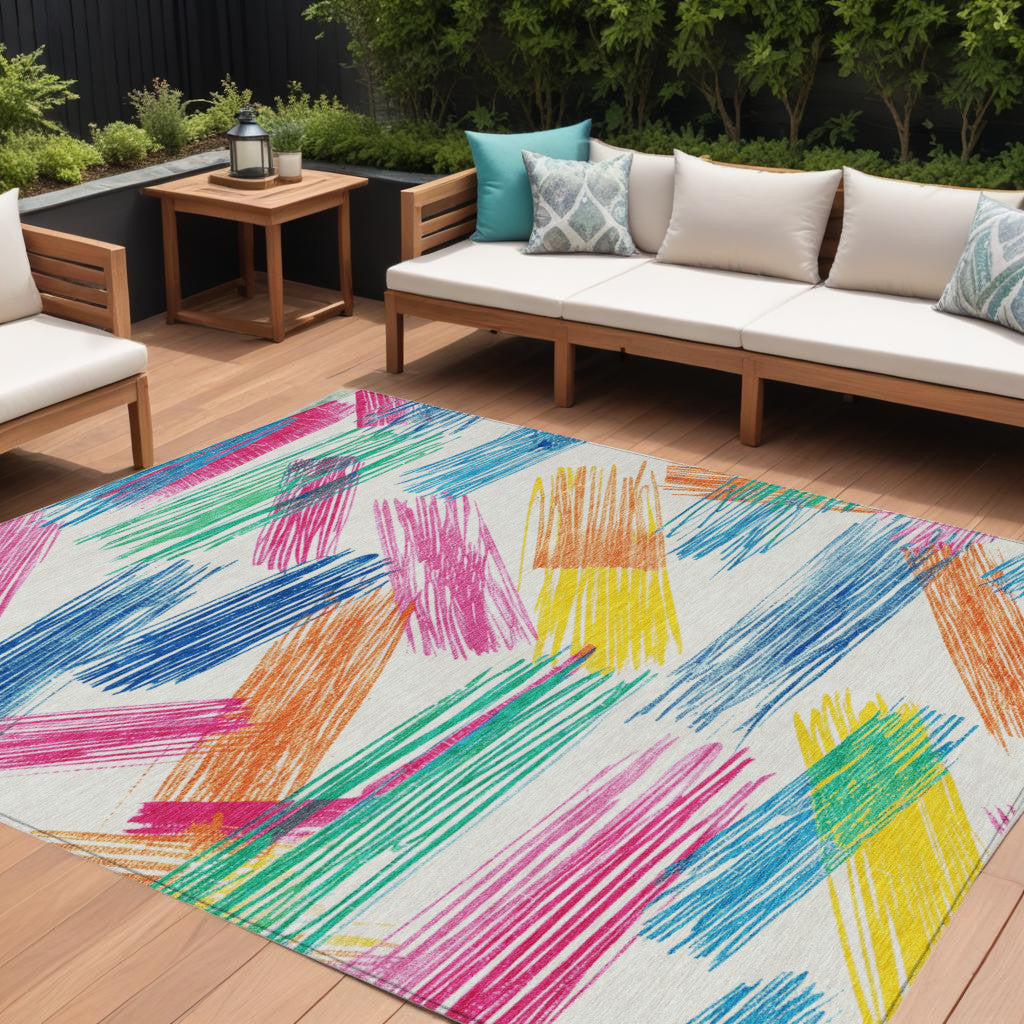 9' X 12' White Blue Yellow Orange And Pink Striped Washable Indoor Outdoor Area Rug