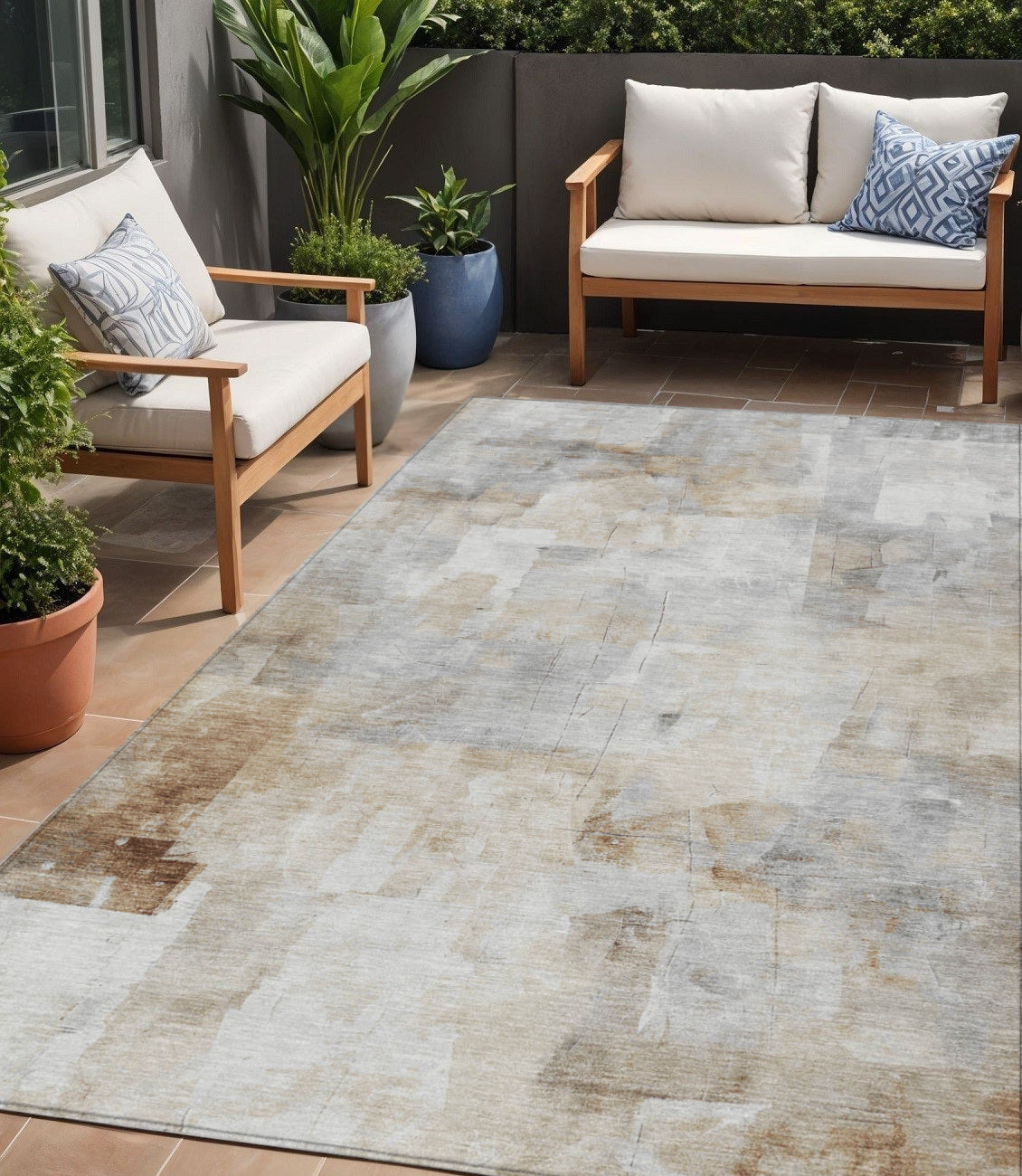 5' X 8' Beige Gray And Khaki Abstract Washable Indoor Outdoor Area Rug