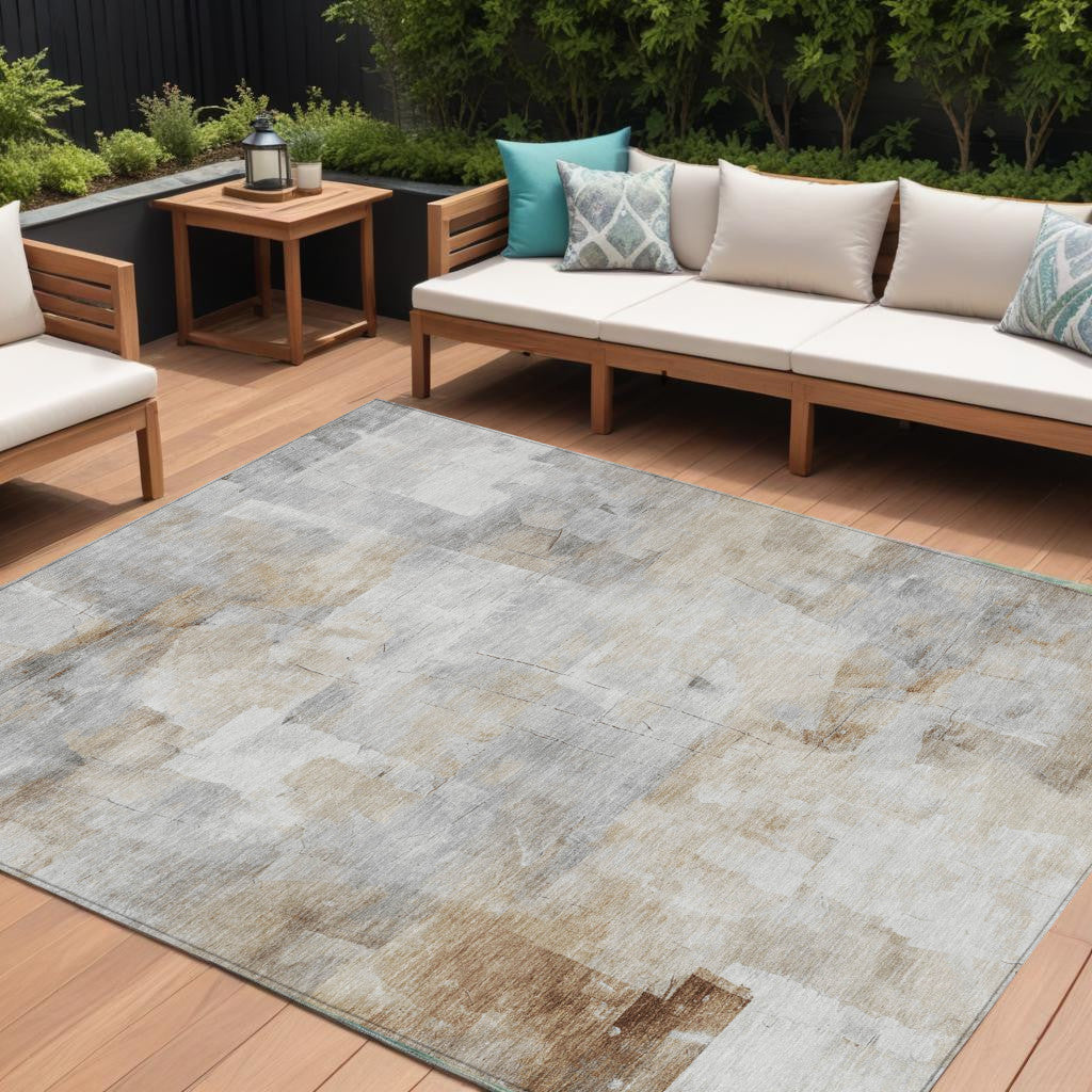 10' X 14' Beige Gray And Khaki Abstract Washable Indoor Outdoor Area Rug