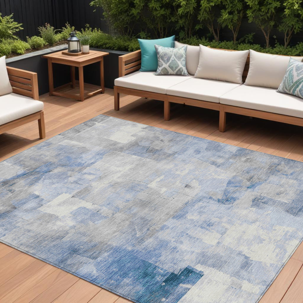 9' X 12' Denim Blue Gray And Ivory Abstract Washable Indoor Outdoor Area Rug
