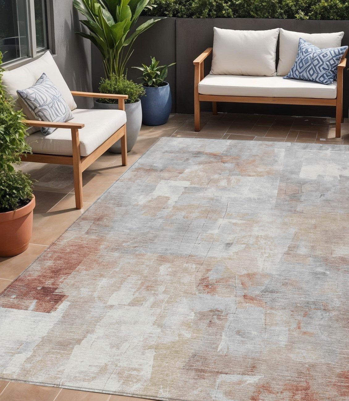 5' X 8' Rust Gray And Silver Abstract Washable Indoor Outdoor Area Rug