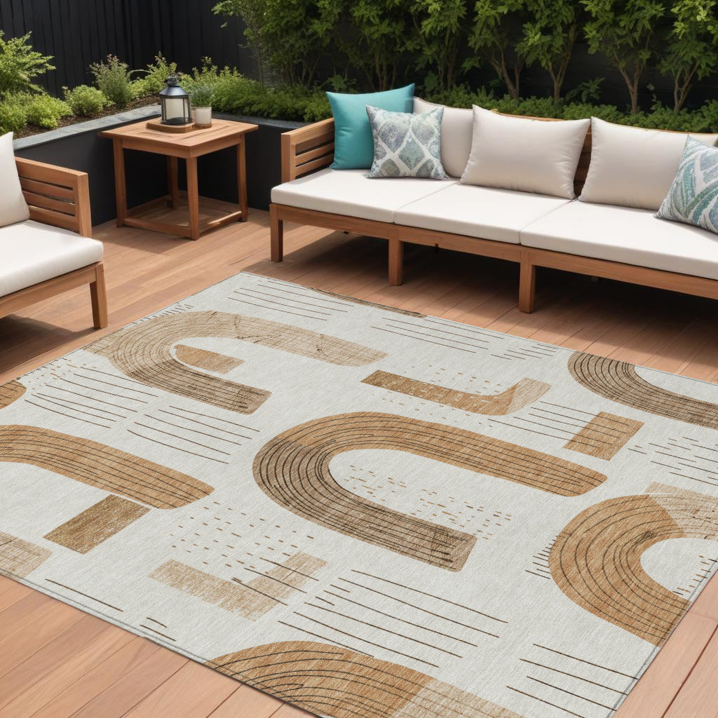 9' X 12' Ivory Khaki And Beige Geometric Washable Indoor Outdoor Area Rug