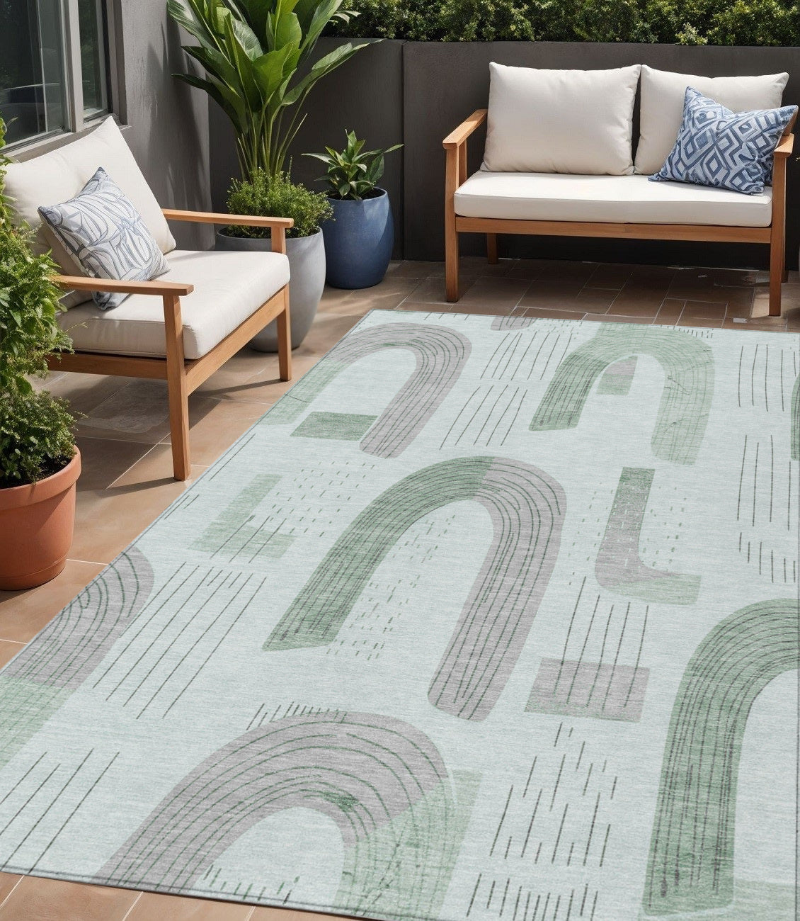 5' X 8' Mint Green And Gray Geometric Washable Indoor Outdoor Area Rug