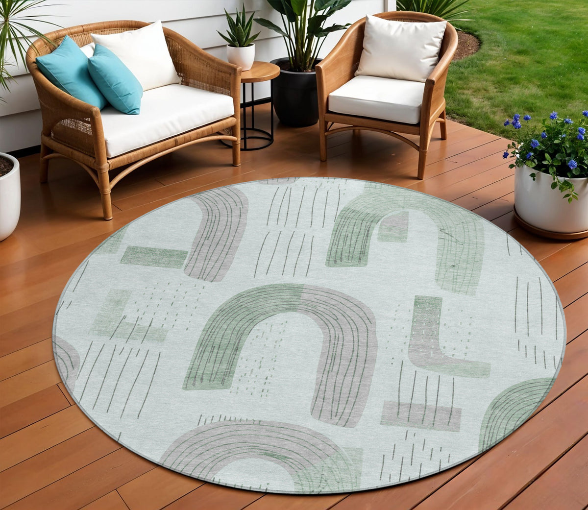 8' Mint Green And Gray Round Geometric Washable Indoor Outdoor Area Rug