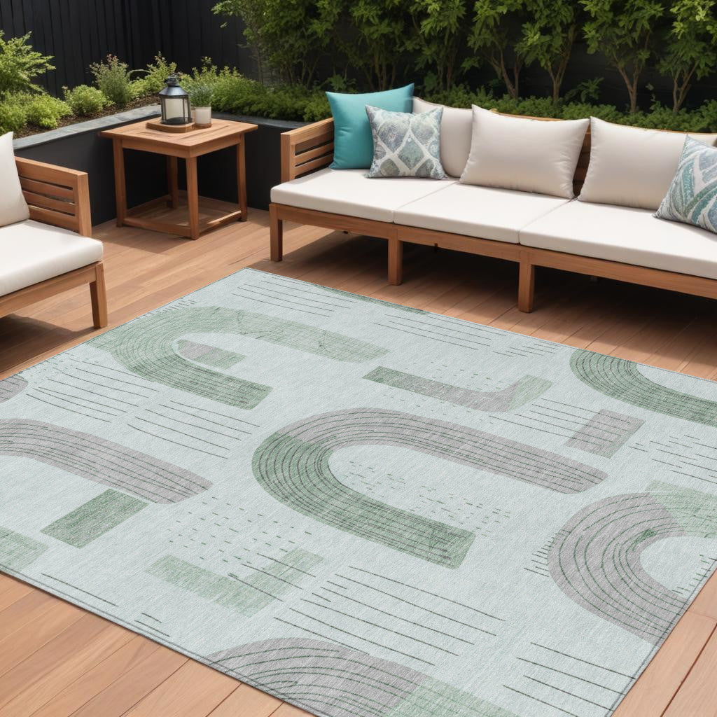 10' X 14' Mint Green And Gray Geometric Washable Indoor Outdoor Area Rug