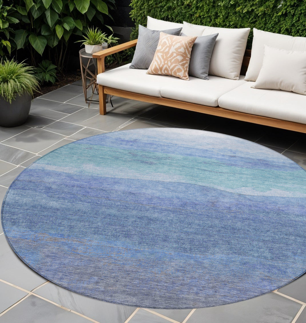 8' Blue Teal Blue And Sky Blue Round Abstract Washable Indoor Outdoor Area Rug