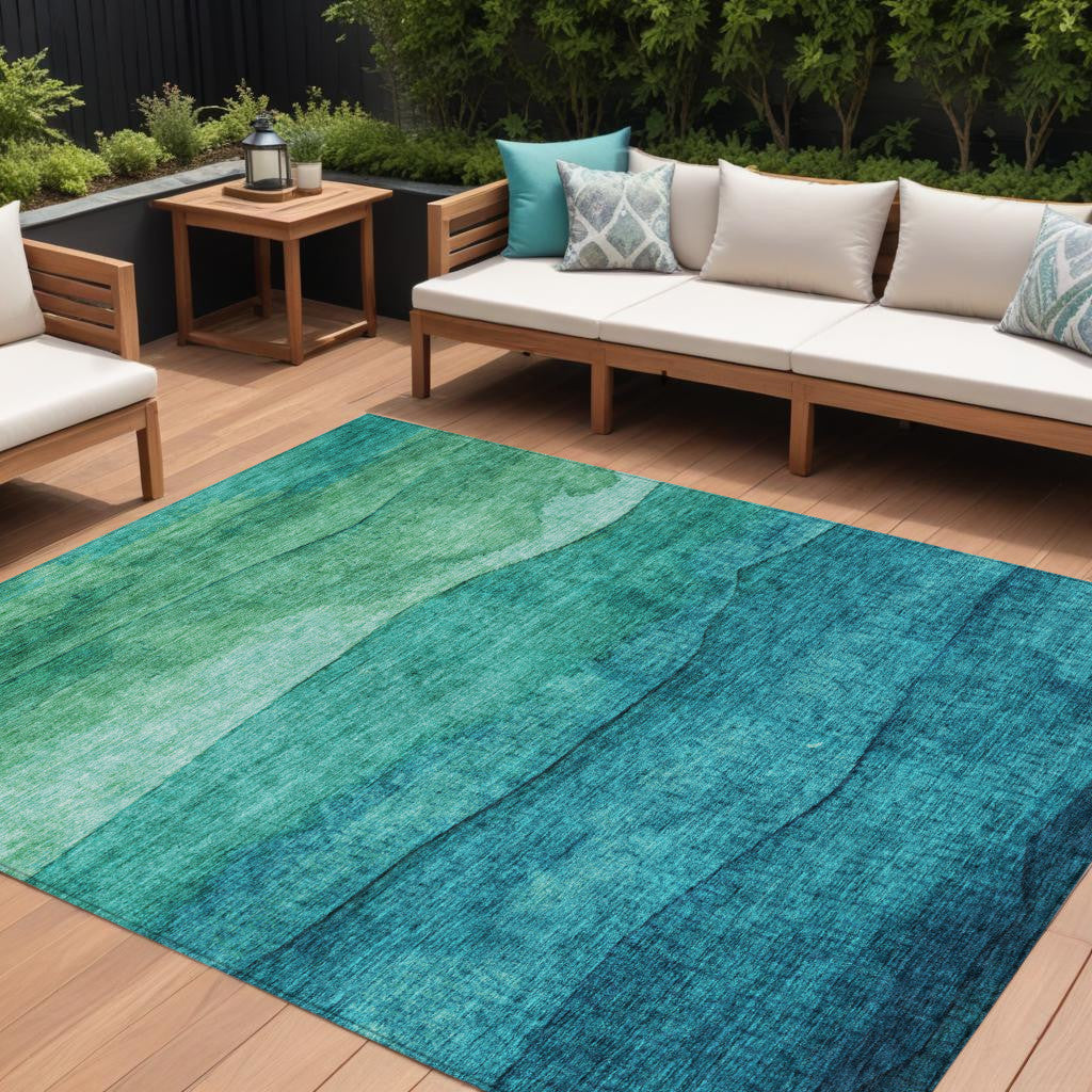 9' X 12' Teal Blue And Green Abstract Washable Indoor Outdoor Area Rug
