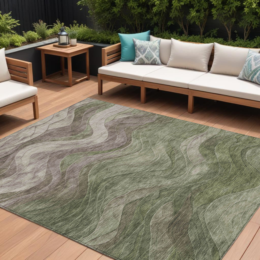 9' X 12' Green And Taupe Abstract Washable Indoor Outdoor Area Rug