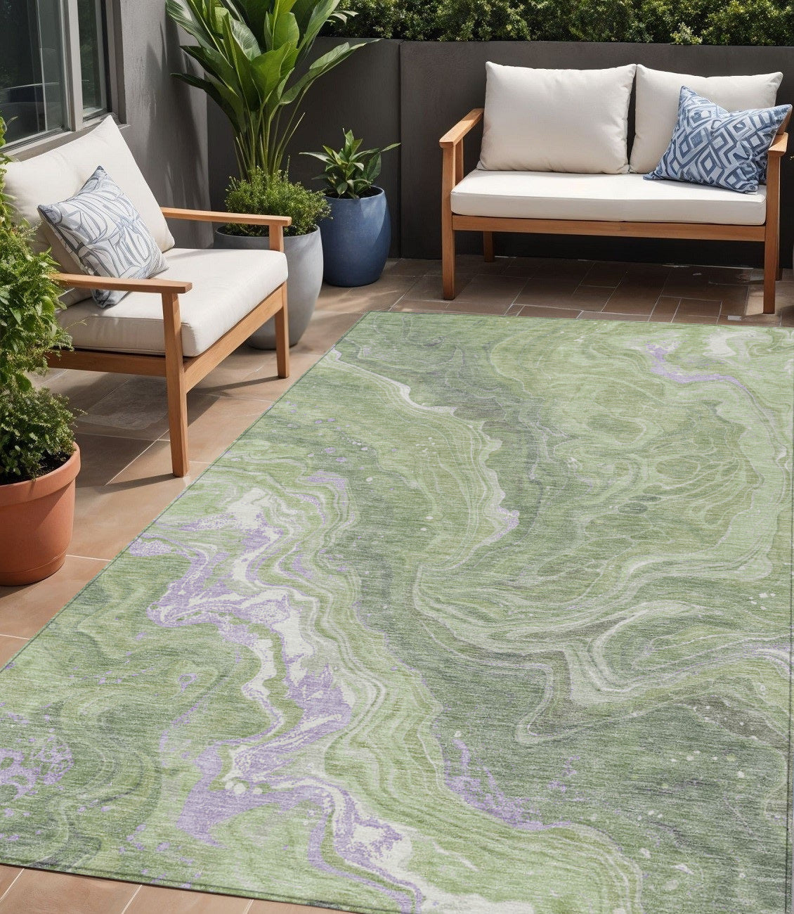 5' X 8' Artichoke Green Lavender And Ivory Abstract Washable Indoor Outdoor Area Rug
