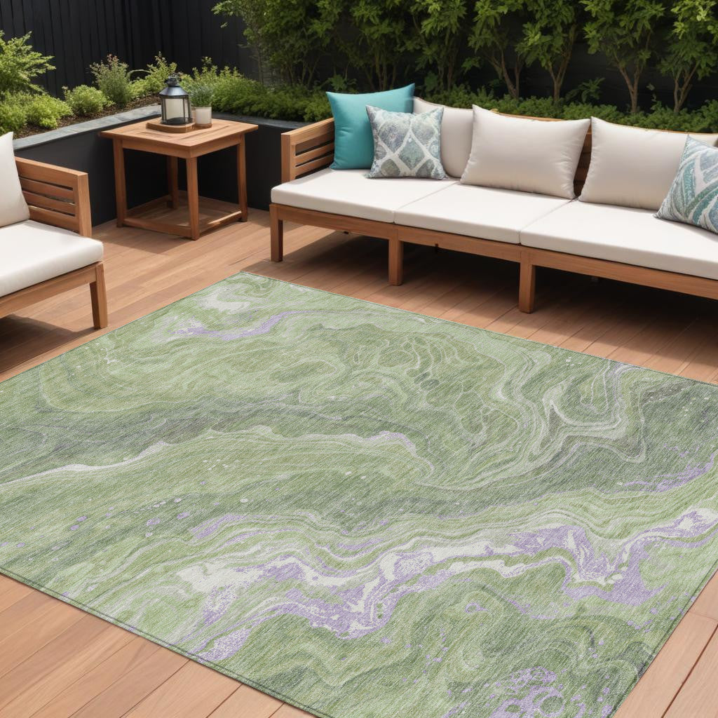 10' X 14' Artichoke Green Lavender And Ivory Abstract Washable Indoor Outdoor Area Rug