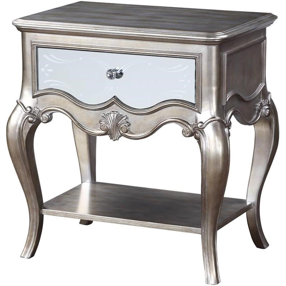 Acme Esteban 1-Drawer Wooden Nightstand with Bottom Shelf in Silver