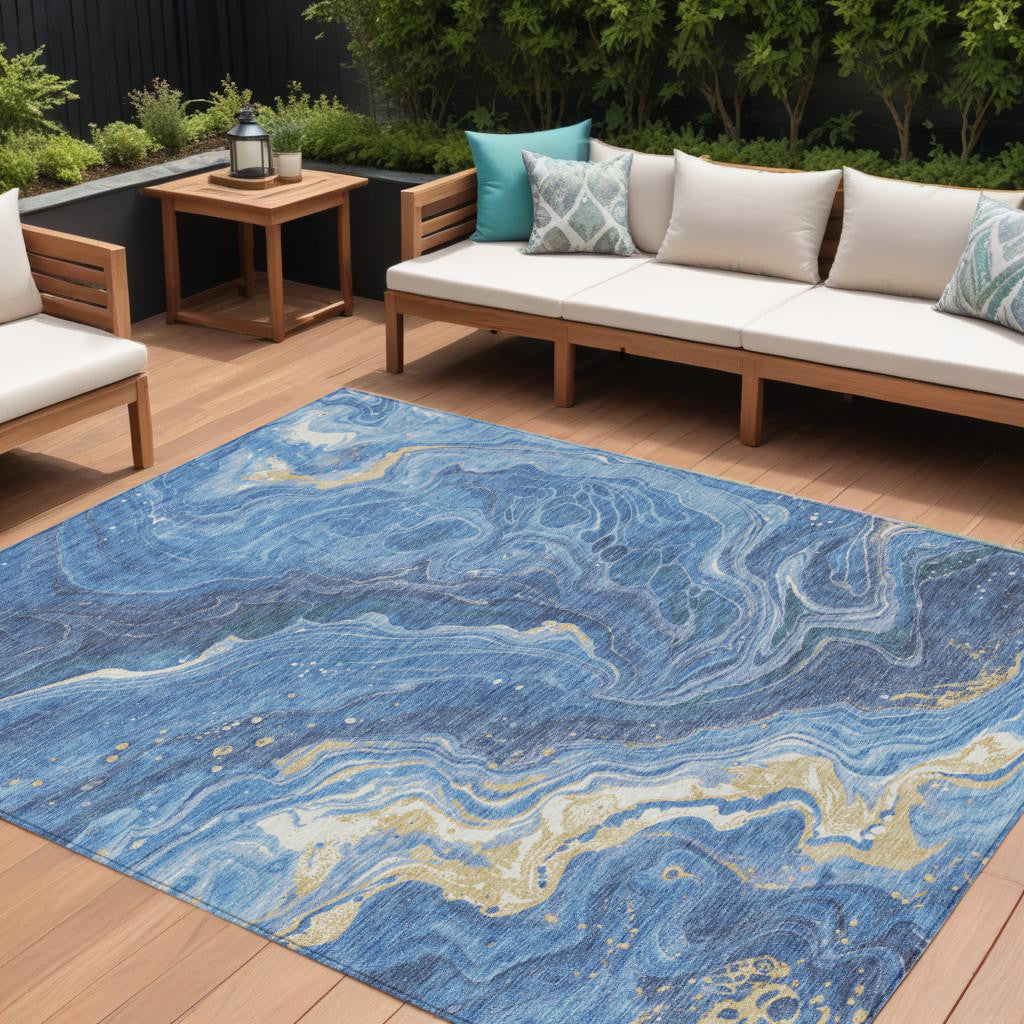 10' X 14' Blue Gold And Ivory Abstract Washable Indoor Outdoor Area Rug